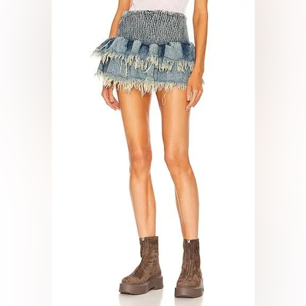 $295 NWT SOLD OUT Revolve SER.O.YA Glori Distressed Ruffle Denim Skirt Medium